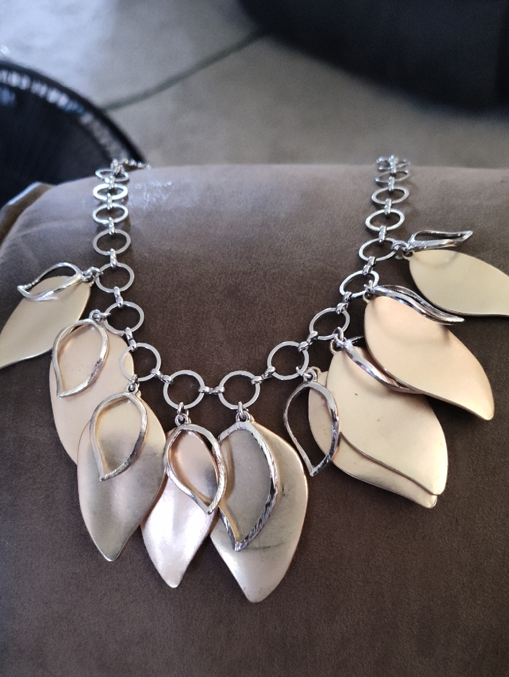 WHBM Silver-Tone Brushed Multi-Leaf Necklace with Cream Accents